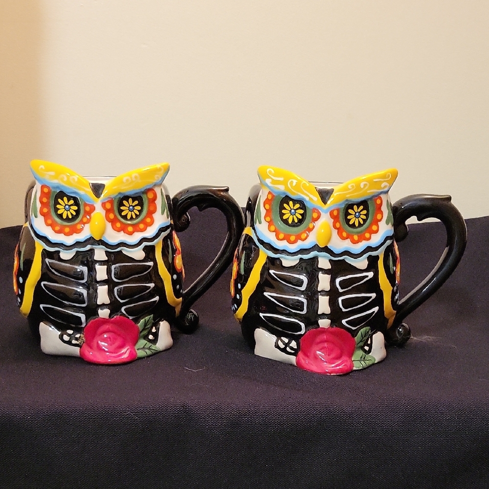 Colorful Cracker Barrel Skeleton Owl Stoneware Mugs - Set of 2